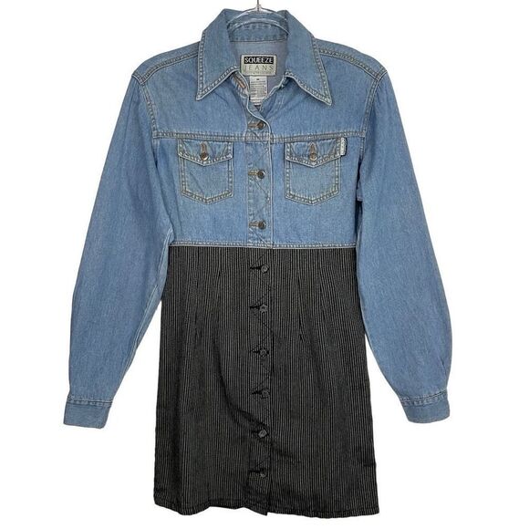 Squeeze Jeans Vintage Denim Mixed Media Long Sleeve Dress Media - Picture 1 of 6